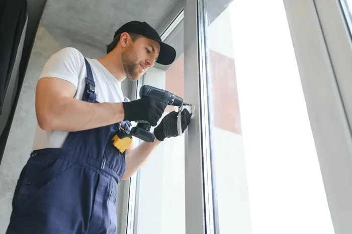 A local man in a cap and overalls uses a drill to repair a window frame inside a modern Tampa, FL building. Wearing black gloves and a white t-shirt, he focuses intently on his task as bright light shines through the window.