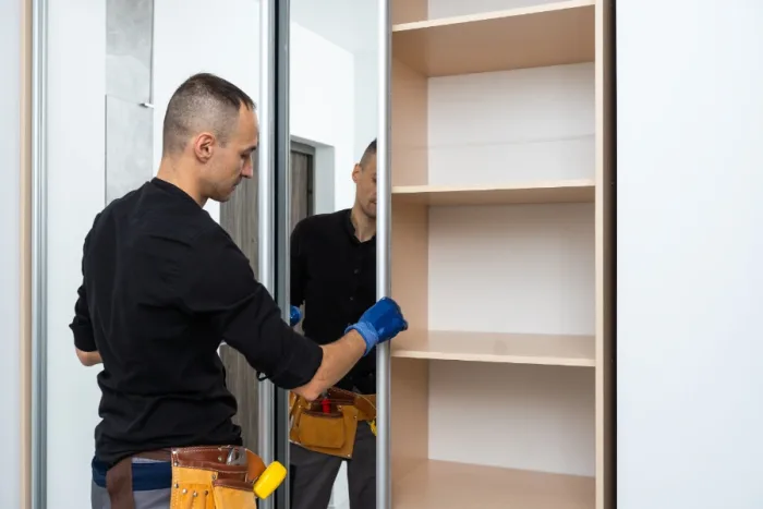 A person wearing a black shirt and blue gloves is installing a sliding door on a wooden cabinet. They have a tool belt with various tools around their waist. The interior of the cabinet is visible, showcasing the craftsmanship that makes this company in Tampa, FL stand out.