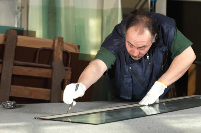 A local craftsman in a blue vest and white gloves carefully uses a tool to cut a sheet of glass for a sliding door on his workbench. Focused on repair work, he is surrounded by wooden frames and other materials in the bustling workshop setting.