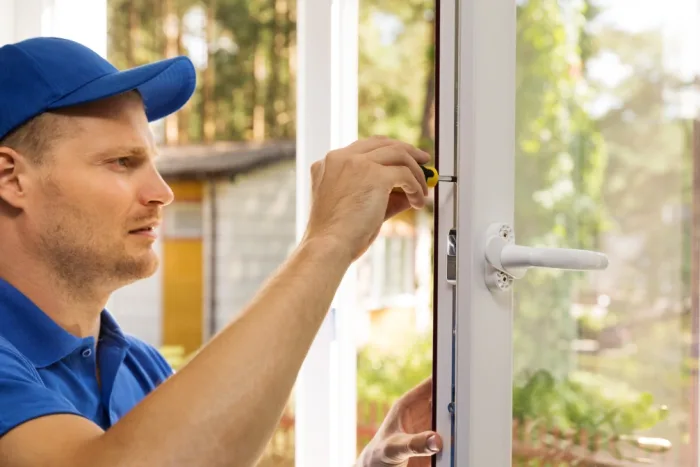 A local man in a blue shirt and cap is using a screwdriver to fix or adjust a white window frame. He is focused on his task, with the green outdoor setting of Tampa, FL, complete with trees and a small building in the background.