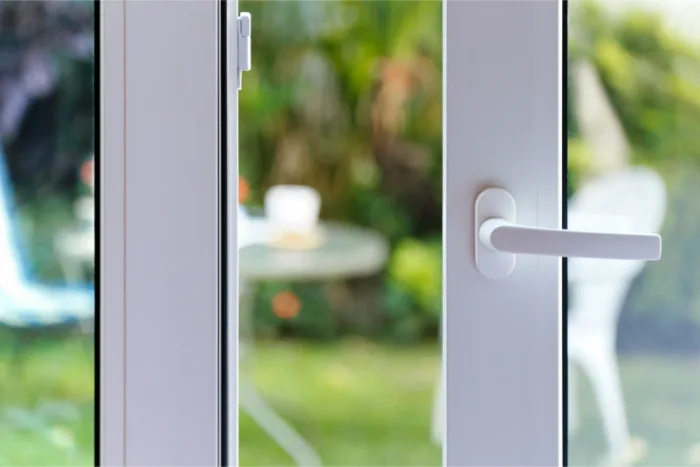 Close-up of a white sliding glass door with a handle on the right side, showcasing its sleek design. Outside, the blurred garden scene with green foliage and a round table partially visible adds to its charm. Consider local repair for your sliding door to maintain this seamless view.