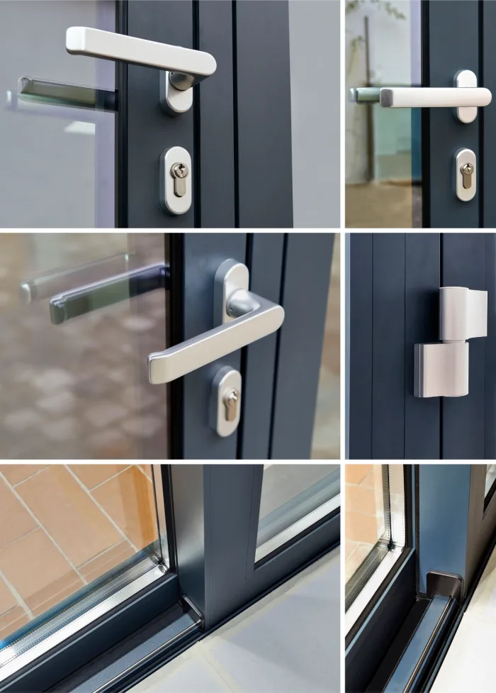 Collage of modern door hardware: five images showcase metallic handles, a door hinge, and the base of a sliding glass door, all with dark frames. These components highlight sleek, contemporary design and craftsmanship, perfect for elevating any space in Tampa FL.