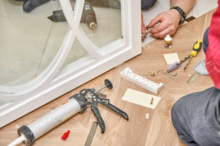 A person is busy assembling a white furniture piece on a wood-patterned floor in Tampa, FL. Tools like a caulking gun, screwdriver, drill bits, and screws are scattered nearby. Only the person's arms and hands are visible as they work diligently for their local company.