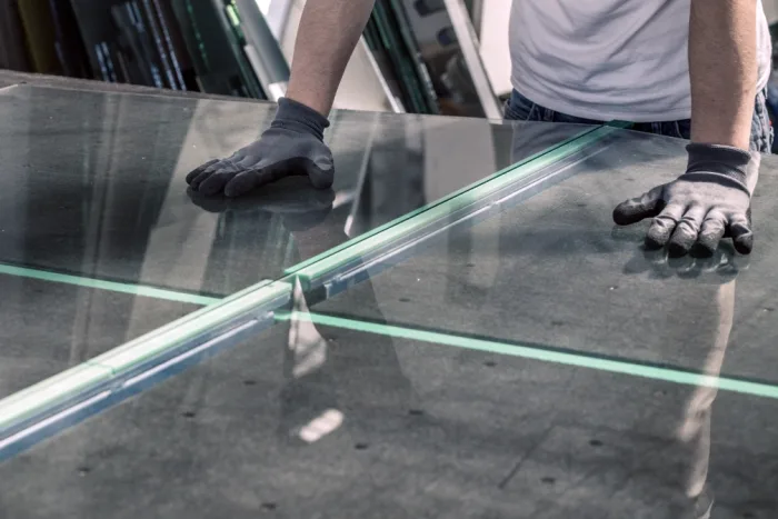 A person wearing gloves is carefully handling large sheets of glass on a workbench, embodying the craftsmanship of a local Tampa FL company. The scene suggests a workshop environment with various tools and materials in the background.