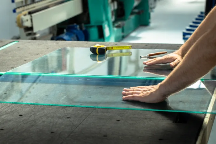 A person measures a sheet of glass on a workbench, using a tape measure and a cutting tool, as part of a local sliding door repair. Their hands are placed on the glass, with various industrial machinery visible in the background.