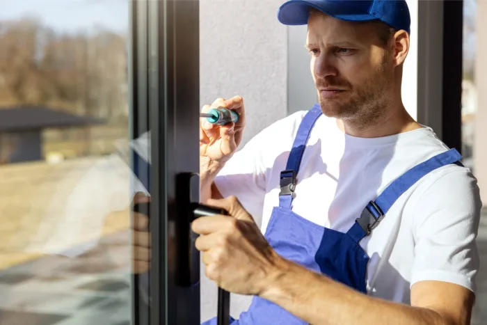 A man in a blue cap and overalls is installing or repairing a window, possibly as part of a job by his company. Using a screwdriver, he adjusts the handle with precision. Sunlight streams through the glass, illuminating the meticulous work just like it does in bustling Tampa FL homes.