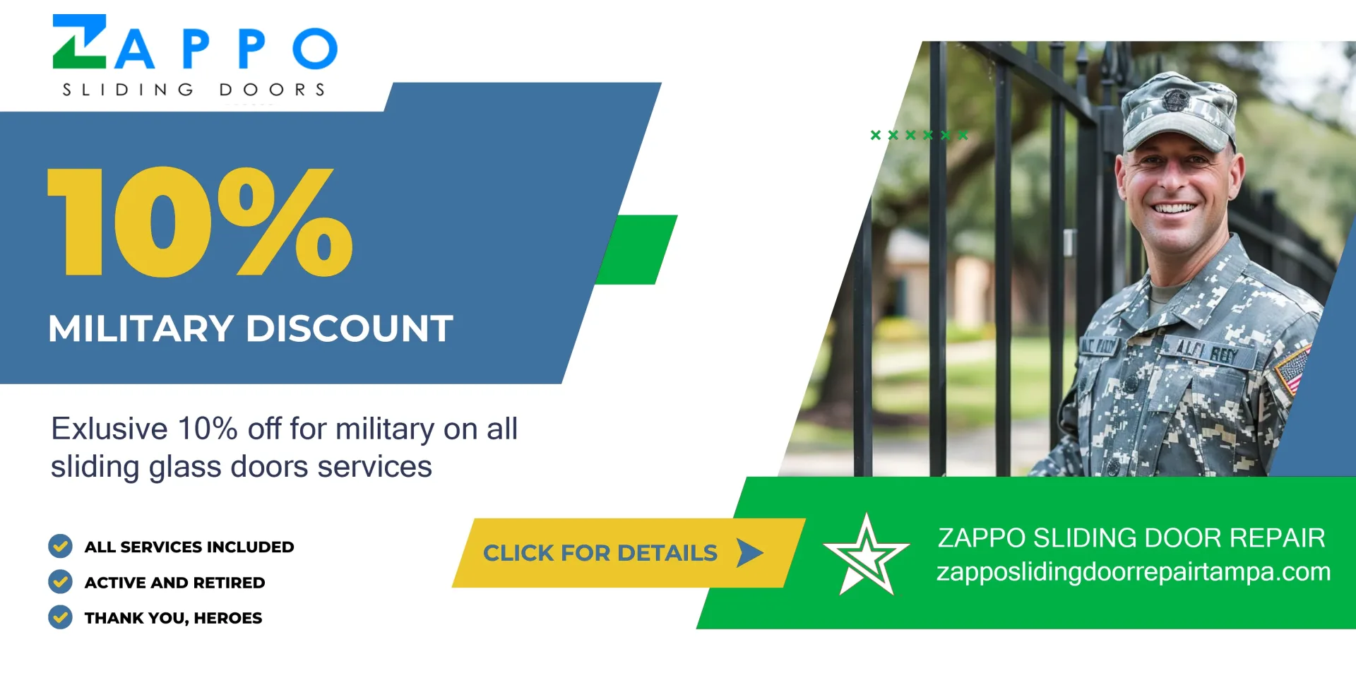 Promotional image for Zappo Sliding Doors in Tampa, FL, offering a 10% military discount on all sliding glass door services. The ad assures "all services included" for active and retired military. Contact your local Zappo Sliding Door Repair for details.