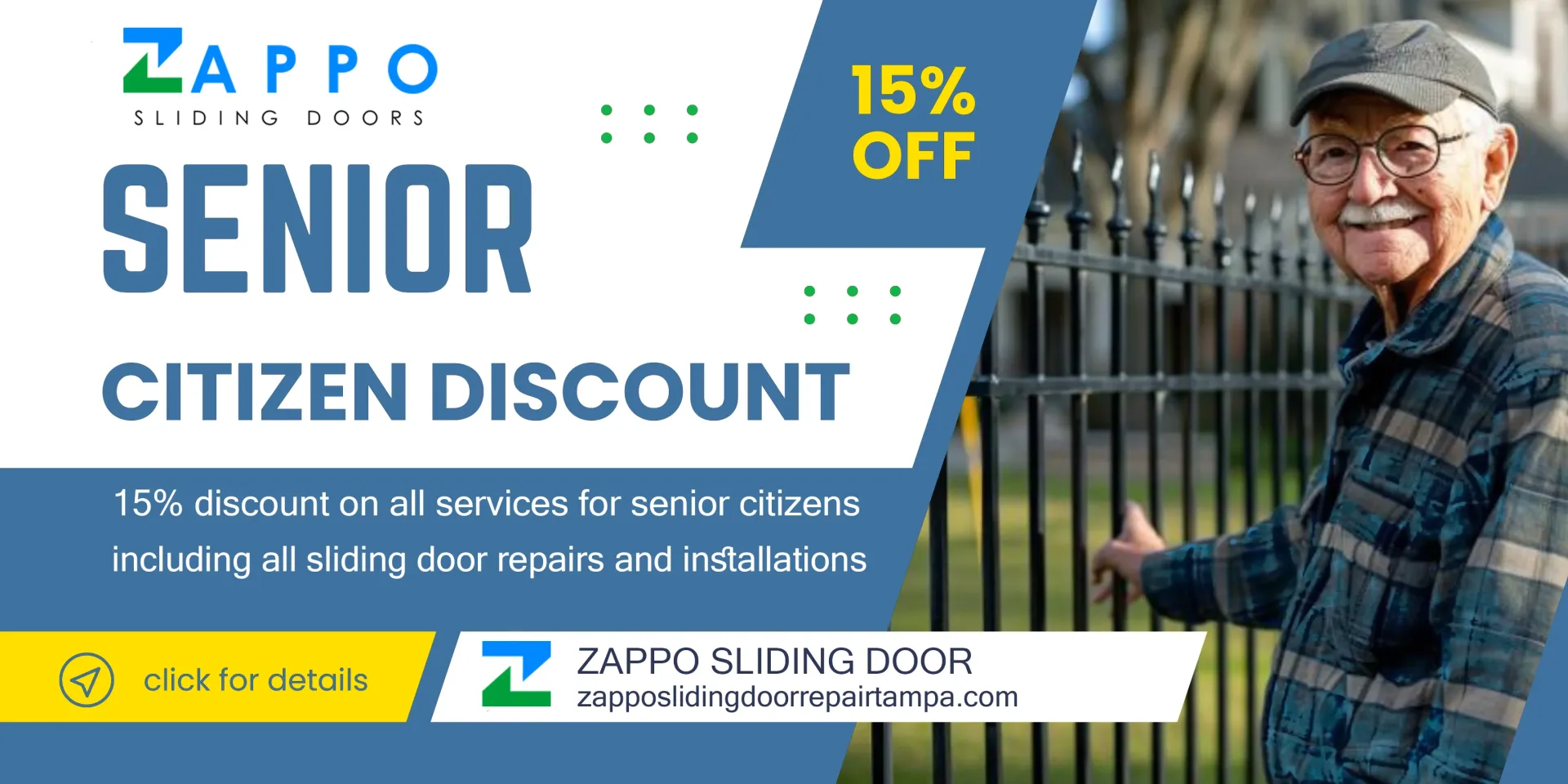 Looking for top-notch sliding door services in Tampa, FL? Zappo Sliding Doors offers a 15% discount for senior citizens on repairs and installations. Join the many satisfied locals like the older gentleman pictured, smiling proudly by his sturdy fence.